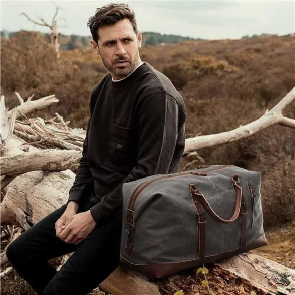 60L Canvas Duffel Bag Carry on Genuine Leather Overnight Weekender Bag for Men - Picture 4 of 7